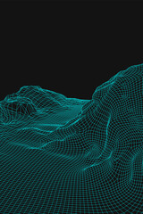 Blue abstract vector wireframe landscape background. 3D futuristic mesh mountains. 80s Retro illustration. Cyberspace technology valleys.