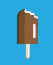 Chocolate Brown Delicios Tasty Ice Cream On Wood Stick With Three Bites On Light Blue Background