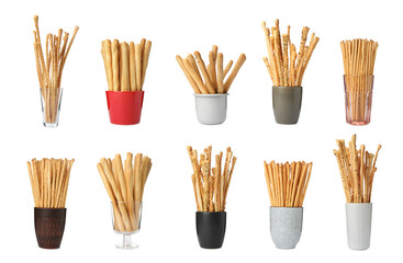 Wall Mural - Set with delicious crispy grissini sticks on white background