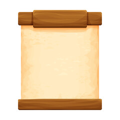 Wall Mural - Wood planks with parchment paper in cartoon style isolated on white background. Frame, medieval panel, menu. Empty gui asset, signboard.
