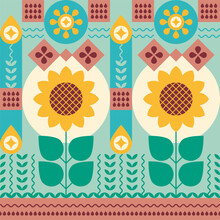Agriculture Background With Abstract Sunflowers. Sunflower Pattern, Ornament. Vegetable Oil. Vector Illustration, Flat, Geometric Mosaic. Design For Book, Brochure, Catalog, Packaging, Fabric, Textile