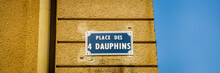 "Place Des 4 Dauphins" Street Sign On The Four Dolphins Fountain Square In Aix-en-Provence, France