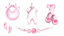 Newborn Baby Girl Clipart Set.Accessories For A Newborn; Baby Girl.Watercolor Hand Painted Illustrations Isolated On White Background.