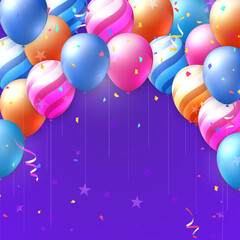 Wall Mural - 3D realistic elegant vivid vibrant ballon and party popper ribbon Happy Birthday celebration card banner template