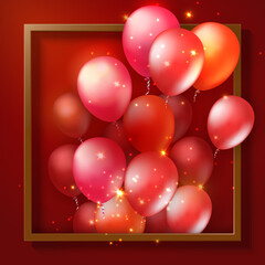 Wall Mural - Elegant 3D realistic red ballon and square golden frame Happy Birthday celebration card banner