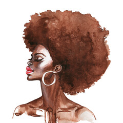 Wall Mural - Watercolor curly african woman. Hand drawn portrait of pretty lady on white background. Side view. Painting fashion illustration.