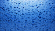 Blue Tiles Arranged To Create A Semigloss Wall. Hexagonal, Futuristic Background Formed From 3D Blocks. 3D Render