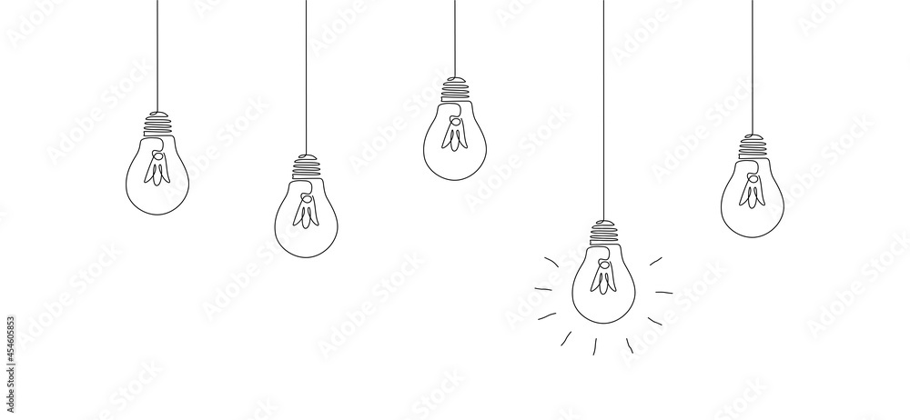 One continuous line drawing of hanging light bulbs with one glowing ...