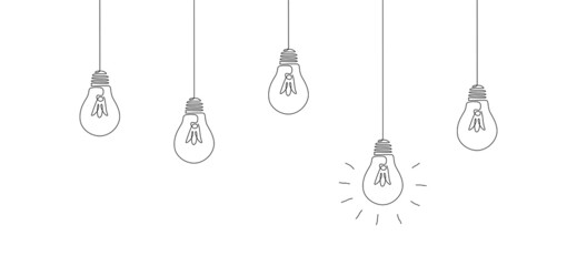 Wall Mural - One continuous line drawing of hanging light bulbs with one glowing. Concept of creative idea in simple doodle style. Editable stroke. Vector illustration