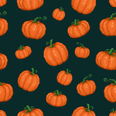 Sticker - Pixel art halloween seamless pattern. 8 bit gamer retro style repeatable background with a lot of pumpkins. Vector pixel art pattern.