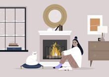 A Young Female Asian Character Sitting On The Floor In Front Of The Mantelpiece, Cozy Winter Interior, Pet Friendly Environment