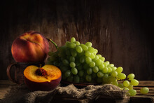 Ripe Peaches And A Bunch Of Grapes Lie Beautifully On Burlap With Ceramic Dishes On Old Boards And A Dark Wooden Background. Classic Artistic Moody Still Life With Mystical Light. Fruit Velvet Season