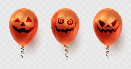 Set of three realistic orange balloons with black scary faces and ribbons isolated on transparent. Vector illustration for card, Halloween party, design, flyer, poster, banner, web, advertising. 