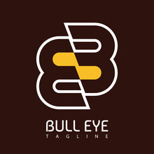 Ambigram Logo. The Flat Color Logo Of Letter E Or/and B In A Rotational Ambigram Form With ‘Bull Eye’ Logo Text Below And Tagline Lower. EPS8 Vector.