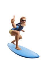 Bearded Young Man Surfing And Showing Thumbs Up