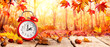 Fall Back Time - Daylight Savings End - Clock Alarm And Leaves In Autumn Background