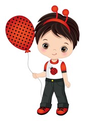 Wall Mural - Cute Little Boy Wearing Ladybug Headband Antenna Holding Polka Dot Air Balloon. Vector Little Boy