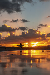 Stunning view of two young males with surfing boards on the beach during a scenic sunset