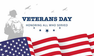 Poster - Veteran's day poster.Honoring all who served. Veteran's day illustration with american flag and soldiers