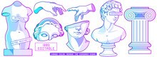 Mythical Ancient Sculpture In Modern Contemporary Vaporwave Stylization. Editable Vector Set Of Isolated Illustrations In Surreal Art Style.