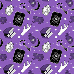 Wall Mural - vector seamless pattern on the theme of magic, mysticism, witchcraft, halloween, esoteric. flat style pattern with magic items (tarot, potions, mushrooms, crystals) for printing on fabric, wrapping 