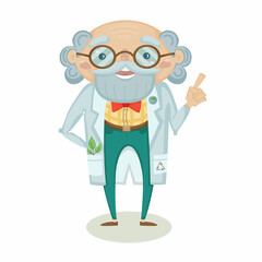 Isolated vector character is an old elderly professor in a white coat with a raised index finger. A scientist who protects the environment. Illustration in cartoon style.