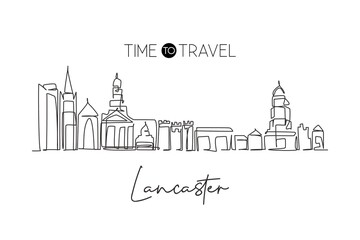 Continuous one line drawing Lancaster city skyline, England. Lancashire beautiful landmark. World landscape tourism travel wall decor poster art. Stylish single line draw design vector illustration