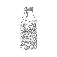 Single continuous line drawing closed glass bottle of natural milk. Bottle of fresh milk cow. Dairy product used in breakfast. Swirl curl style. Dynamic one line graphic design vector illustration