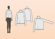 RIB KNIT SWEATER, POLO NECK, BOXY FIT. Fashion Design Technical Flat Sketch Template For Product Instructions. Easy To Edit, Front And Back View.