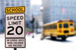 Traffic sign.  School zone  yellow warning board. Speed limit 20