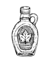 Hand Drawn Glass Bottle With Maple Syrup. Vector Illustration In Sketch Style