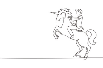 Single continuous line drawing businessman riding unicorn symbol of success. Business startup concept, looking at the goal, achievement, leadership. One line draw graphic design vector illustration