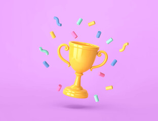 cartoon winners trophy, champion cup with falling confetti on purple background