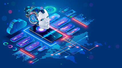 Wall Mural - chat bot with ai helping of users speakers of different languages. online multilanguage support. app