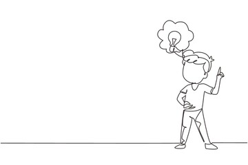 Wall Mural - Single one line drawing little boy thinking. Kids think creative idea. Bubble with light bulbs sign. Concept of learning and growing children. Continuous line draw design graphic vector illustration