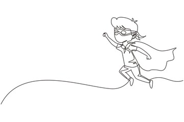 Wall Mural - Single continuous line drawing boy flies through air in super hero pose with outstretched hand. Kid in super hero costume with mask on his face and cloak tied around neck. One line draw graphic design