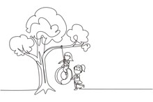 Single One Line Drawing Happy Two Girls Playing Tire Swing Under Tree. Cute Kids Swinging On Tire Hanging From Tree. Children Playing In Garden. Continuous Line Draw Design Graphic Vector Illustration