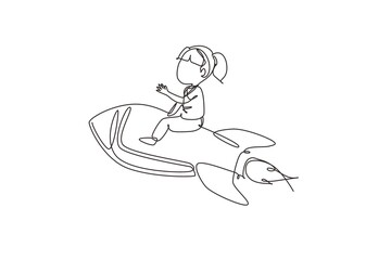 Single one line drawing happy girl is sitting on flying rocket. Preschool kid. Children sitting on rocket. Back to school. Educational concept. Continuous line draw design graphic vector illustration