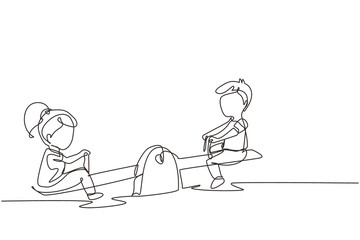 Single continuous line drawing boy and girl of preschool swinging on seesaw. Kids having fun at playground. Cute kids playing seesaw together happily. One line draw graphic design vector illustration