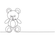 Single Continuous Line Drawing Lovely Teddy Bear Toy. Nice And Cute Teddy Bear Plush Toy. Stuffed Teddy Bear Sitting On Floor. Little Teddy Bear Character. Dynamic One Line Draw Graphic Design Vector