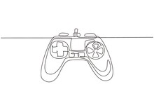 Single Continuous Line Drawing Video Games PlayStation Gaming Controller. Computer Game Competition. Gaming Concept For Fun. Joysticks Isolated. One Line Draw Graphic Design Vector Illustration