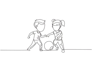 Wall Mural - Continuous one line drawing boy and girl playing football together. Two happy little kids playing sport at playground. Children kicking ball by foot between them. Single line design vector graphic