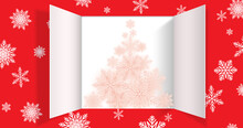 Christmas Advent Calendar Door Opening. Realistic An Open Wide Doors On Light Red Background. Template To Reveal A Message. Merry Christmas Poster Concept. Festive Vector Illustration