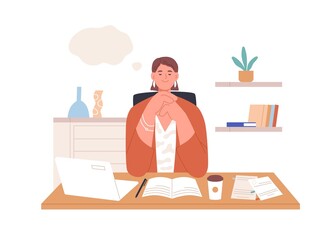 Wall Mural - Happy relaxed person dreaming at work in office. Inspired creative employee resting and thinking, imagining smth in thought bubble and writing. Flat vector illustration isolated on white background