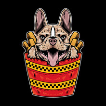 Vector Illustration Of French Bulldog With Funny Fast Food Cartoon Style In Black Background. Good For Logo, Background, T Shirt