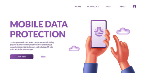Wall Mural - hand holding phone mobile data protection. personal privacy security. 3d icon fingerprint biometric cute vector illustration