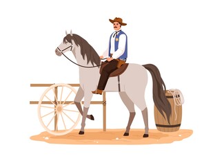 Western cowboy in hat sitting horseback and riding. Wild West horseman on horse back. American rodeo equestrian rider with weapon. Flat graphic vector illustration isolated on white background