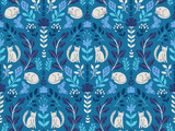 Fototapeta Kwiaty - Floral background with cats and plants. Cute seamleass pattern.
