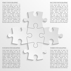 Fototapete - Four sided 3d puzzle presentation. Abstract puzzle infographic template with explanatory text field for business statistics. Vector four pieces puzzles illustration