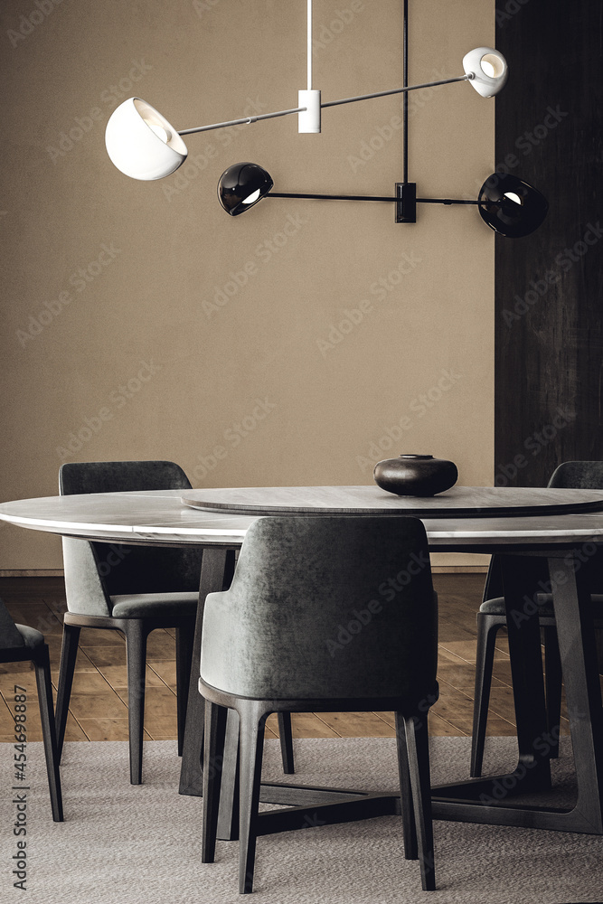 3d visualization of modern interior with view on the dining room. The ...